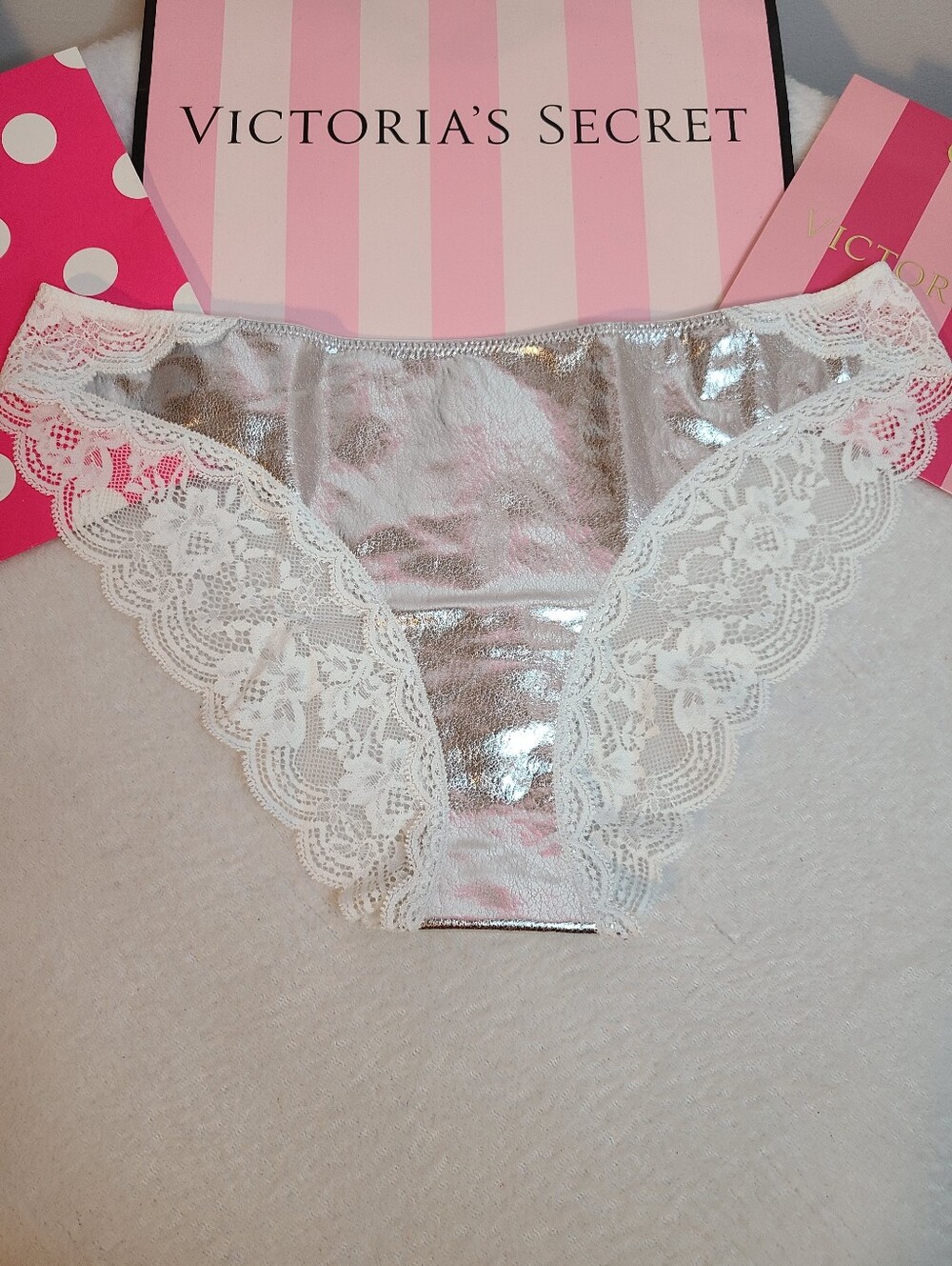 Retired VS Dream Angels Metallic Faux Leather & Lace Cheekini Panty Size M